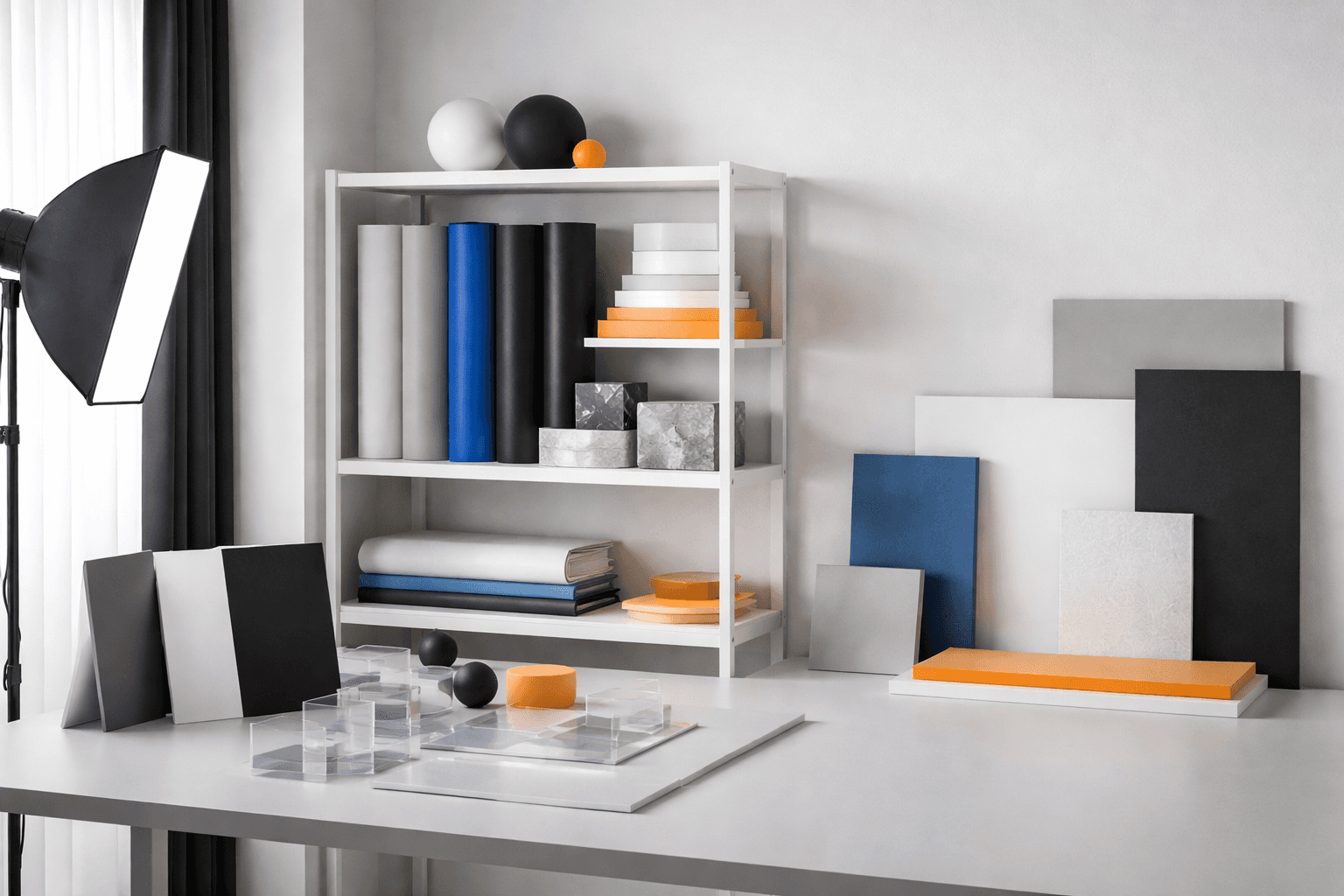 A tidy studio workshop corner with organised photography backdrops and props