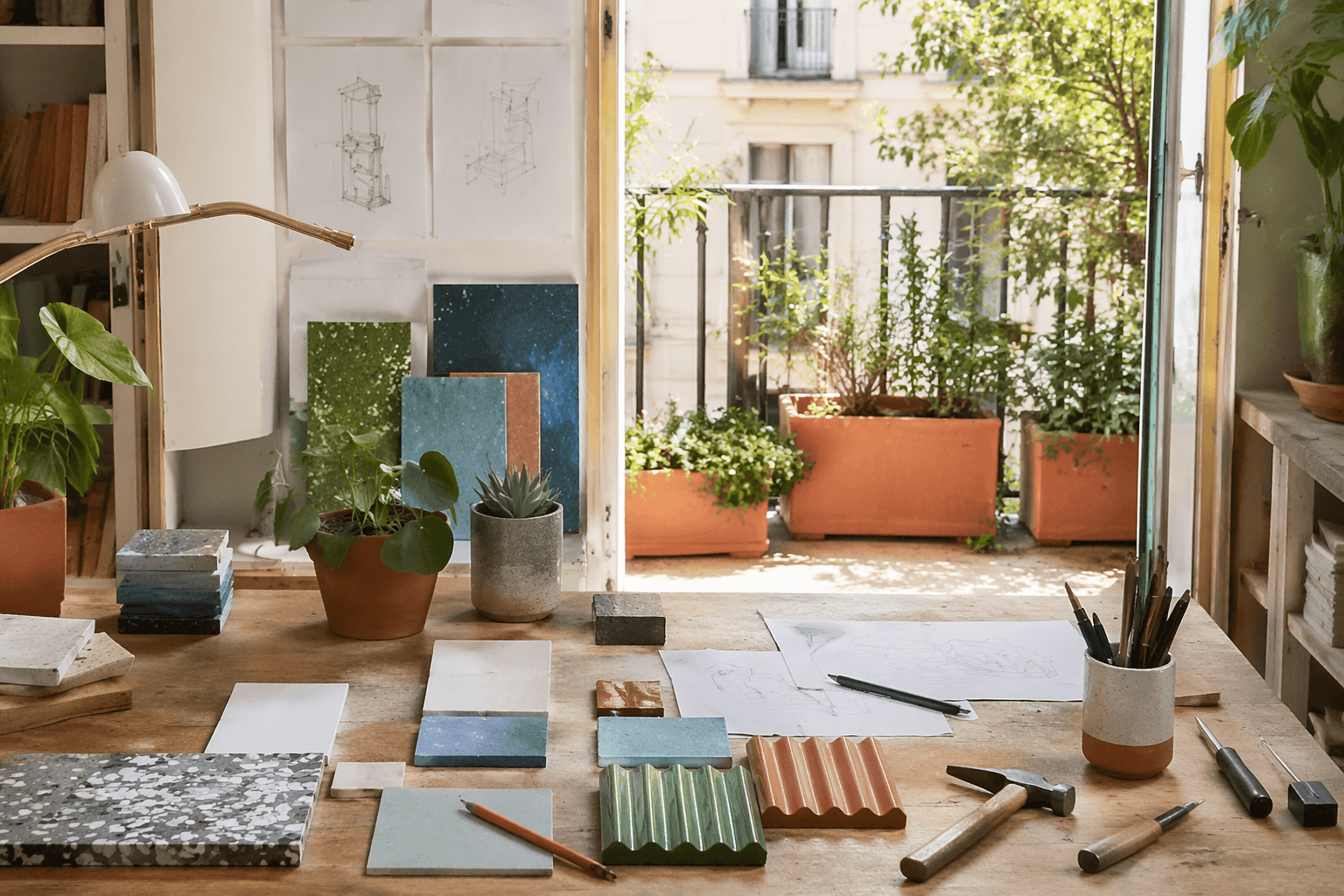 A design studio workbench with balcony planters, hand tools and material swatches