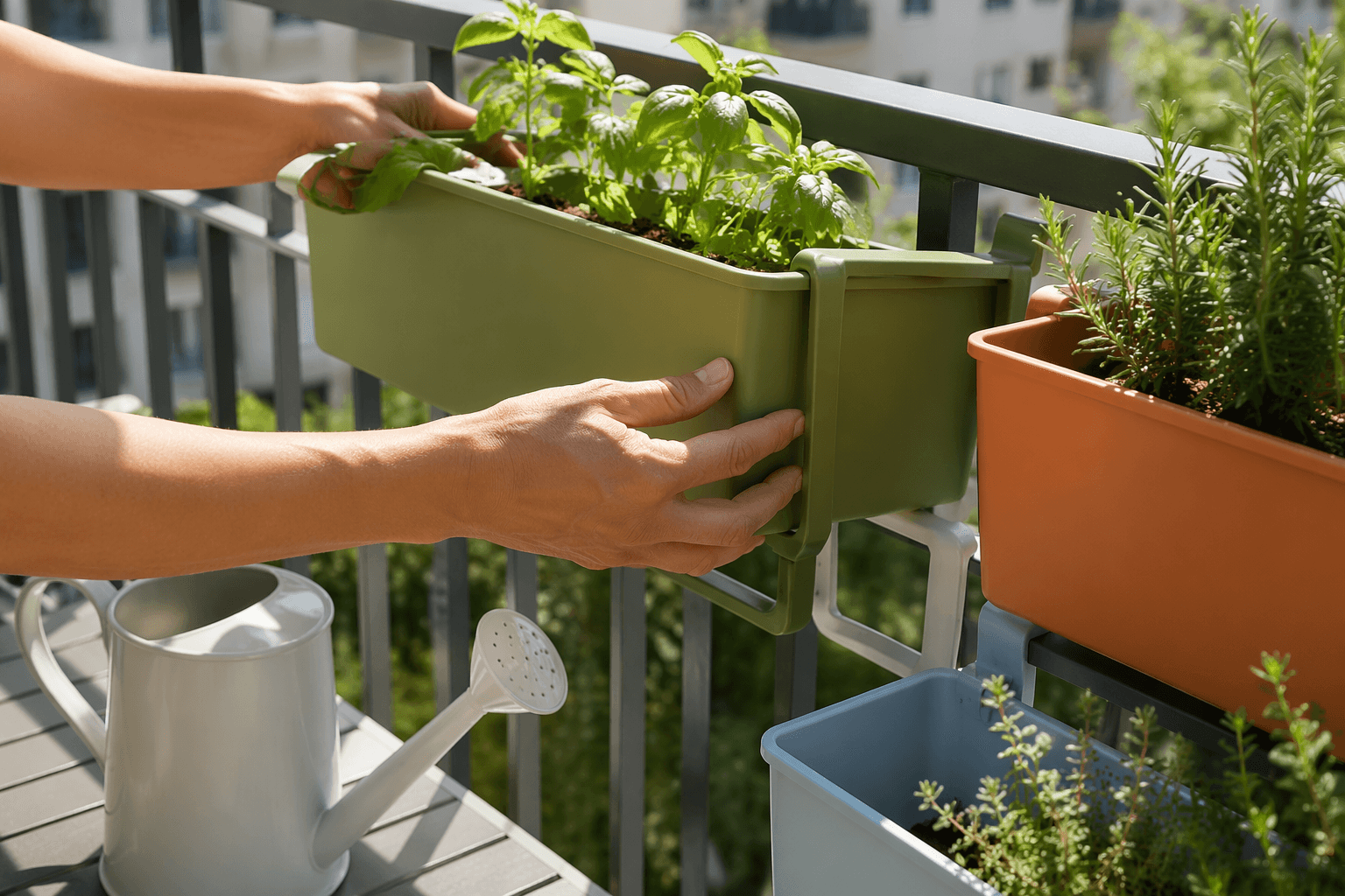 Hands arranging modular rail planters and a watering can on a sunny balcony