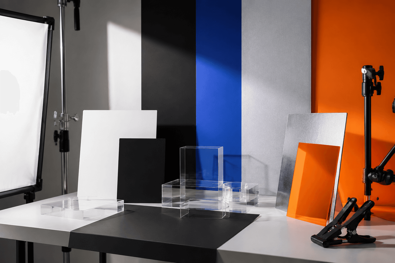 A clean creator tabletop photography studio with backdrops, risers and reflector cards