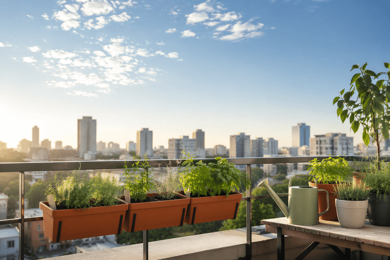 A modern apartment balcony micro-garden with modular rail planters, a slim watering can and plant labels in morning light
